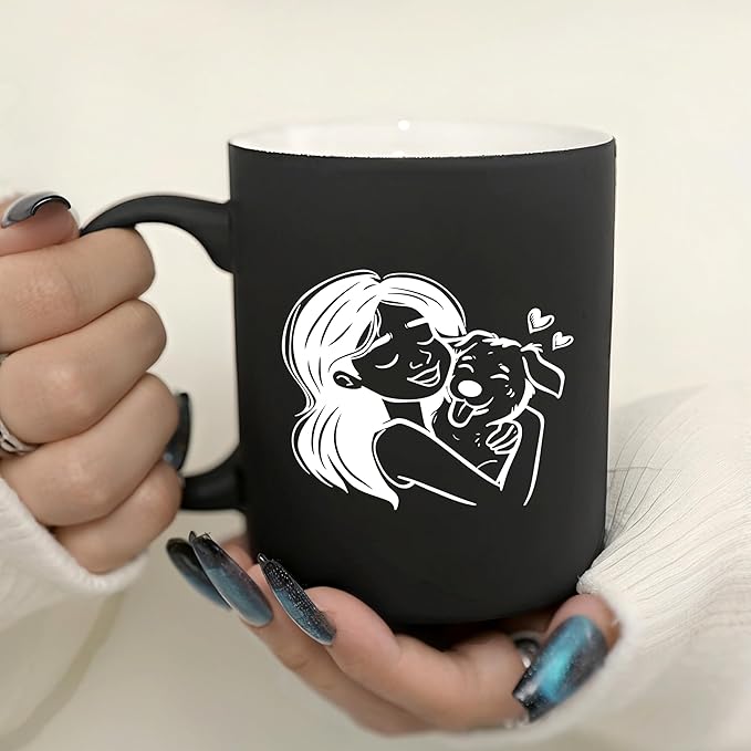 G MUGS Dog Lover Hug Ceramic Coffee Mug - 13oz Tea Mug with Girl & Dog Hug Design, Gift for Dog Owners Women Black Mug