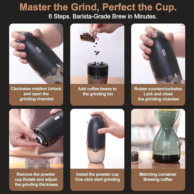 Portable Electric Coffee Grinder， Upgraded Adjustable Fine to Coarse Settings, Stainless Steel Conical Burr Rechargeable and Faster Grinding for Office,Home,Camping,Travel,Black