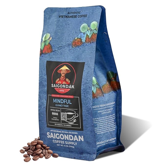 Vietnamese Coffee Beans – Saigondan Mindful Dark Roast Whole Bean – 85% Robusta 15% Arabica – Premium Single Origin, Direct Trade Vietnamese Coffee – 12 oz