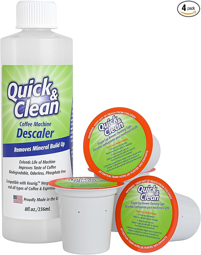Quick & Clean 4-Pack of Cleaning Cups with Descaler Bundle (2 Total Uses) - 2.0 Compatible, Descaling Solution for Keurig, Nespresso, Ninja, Delonghi, All Coffee and Espresso Machines
