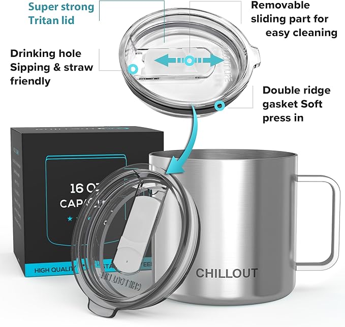 CHILLOUT LIFE Stainless Steel 16 oz Vacuum Insulated Coffee Mug with Handle and Lid, Large Thermal Camping Coffee Mug Cup with Durable Sliding Lid for Men & Women, Keeps your Beverages Hot & Cold
