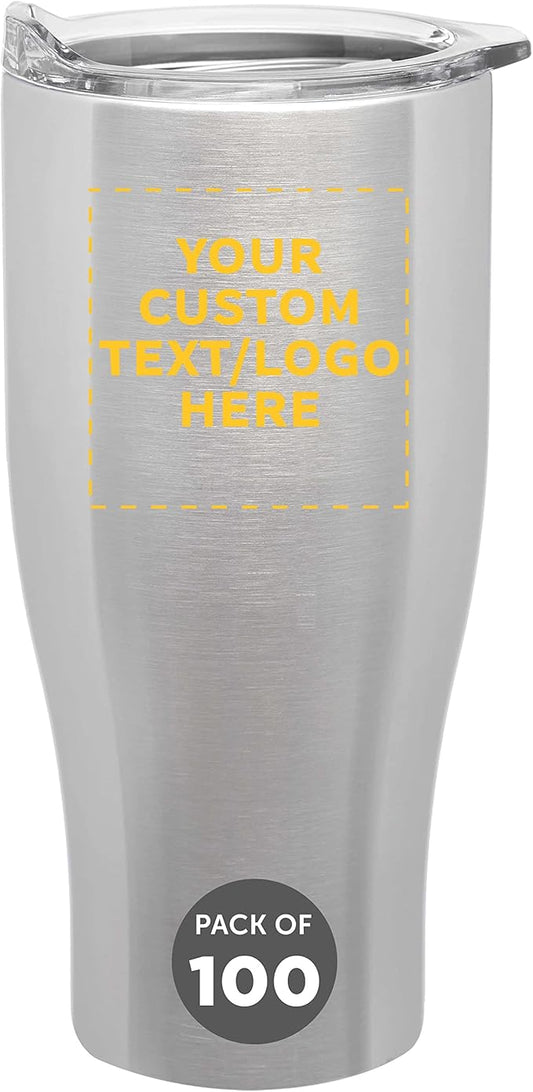 Custom Stainless Steel Grip Travel Mugs 27 oz. Set of 100, Personalized Bulk Pack - Perfect for Coffee, Soda, Other Hot & Cold Beverages - Silver