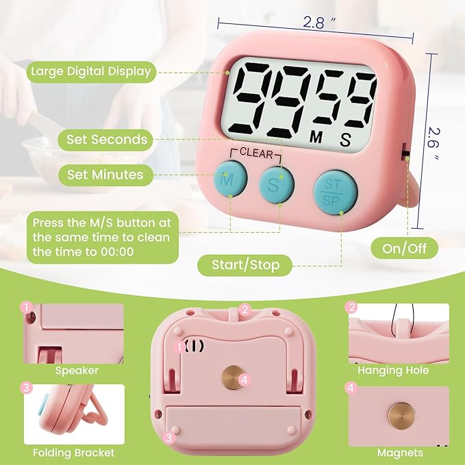 Glochin 2 Pcs Digital Timer for Kids, Magnetic Countdown Kitchen Timer, Upgrade Loud Alarm Timers for Cooking, Kitchen, Exercise, Work, Study, Classroom, Outdoor Activities, Battery not Including