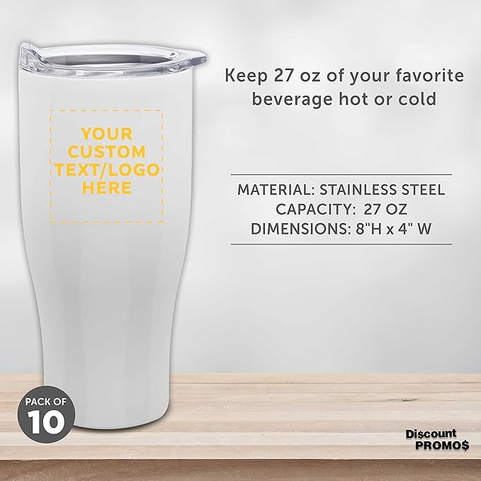 Custom Stainless Steel Grip Travel Mugs 27 oz. Set of 10, Personalized Bulk Pack - Perfect for Coffee, Soda, Other Hot & Cold Beverages - White
