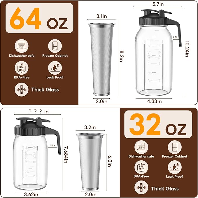 AHOMSEL Cold Brew Coffee Maker Jar - 2 Pack 64 oz/32 oz Glass Cold Brew Maker with Handle, Stainless Steel Filter & Leak-Proof Lid, Heavy Duty Cold Brew Pitcher for Iced Coffee, Sun Tea, and Milk