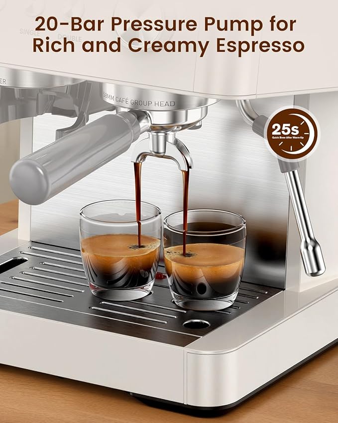 20 Bar Espresso Machine with Built-in Anti-Clog Coffee Grinder, Expresso Coffee Machines with Milk Steam Wand/Frother/Tamping Tools,Espresso Maker with Grinder for Lattes-White