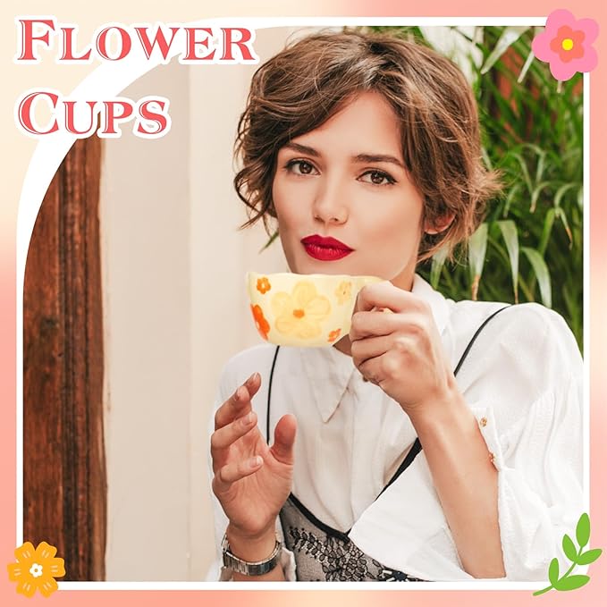 MAKCNMYM Ceramic Coffee Mug Vintage Flower Mugs 8 oz Cute Floral Coffee Mugs Irregular Latte Art Cup Lead-free Porcelain Cups for Cappuccino, Cocoa (Orange Flowers)