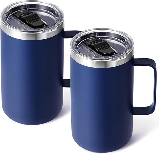 Volhoply 24oz Insulated Coffee Mug with Lid and Straw, Stainless Steel Travel Mugs with Handle, Double Wall Vacuum Leak Proof Coffee Tumbler Cup (Navy,2)