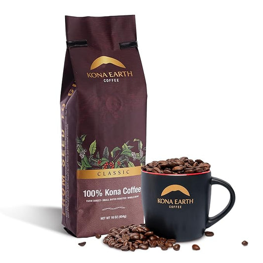 KONA EARTH 100% Kona Coffee, Classic Dark Roast, Whole Bean, 1 lb (16oz) Farm-Direct Authentic Hawaiian Kona Coffee beans from Hawaii’s Big Island, Micro-Batch-Roasted