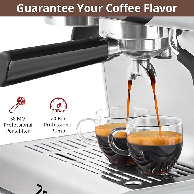 Semi-Automatic Espresso Machine, 20 Bar Professional Coffee Maker with Grinder, 1450W Fast Heating, 30 Grind Settings, Milk Frother Steam Wand, 2.8L Water Tank, Home & Kitchen Espresso Machines, Gray