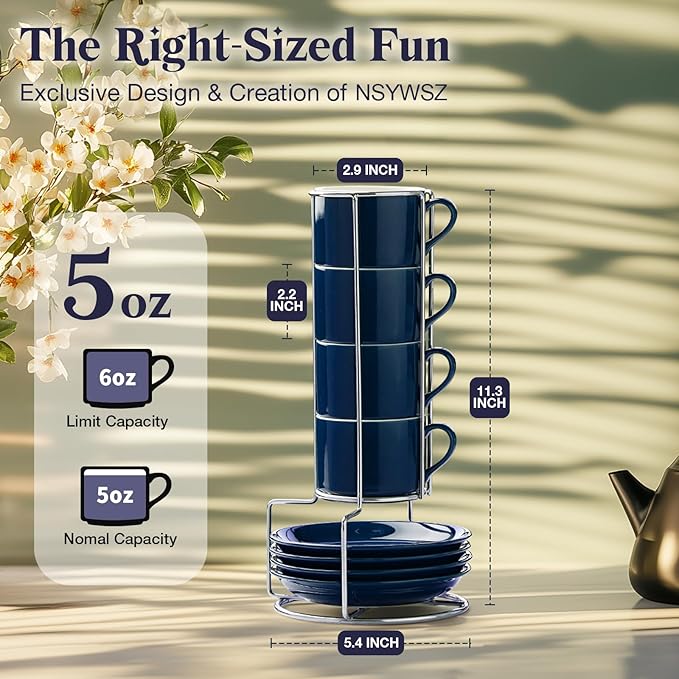 NWYSZ 5 Ounce Blue Porcelain Stackable Espresso Cups with Stainless Steel Holder, Set of 4, Durable Ceramic, Perfect for Home, Office or Gift