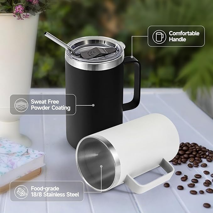 Volhoply 24oz Insulated Coffee Mug with Lid and Straw, Stainless Steel Travel Mugs with Handle, Double Wall Vacuum Leak Proof Coffee Tumbler Cup (Assorted,2)