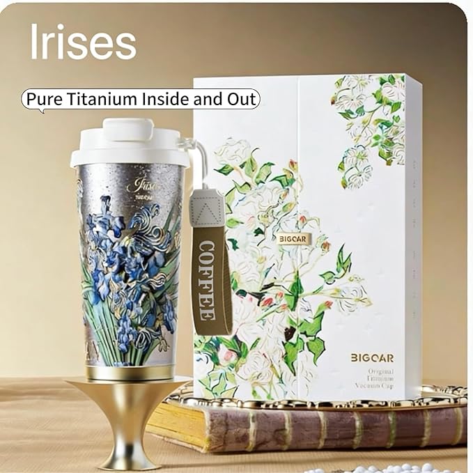 JWANGYUDG-100% Fully Titanium 17.5 oz Mug, 12-hour Thermal Insulation Coffee Mug, Artistic Travel Coffee Mug, Reusable Coffee Cup (Irises)