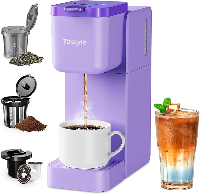 Tastyle Single Serve Coffee Maker for K Cup, Ground and Tea, Hot and Iced Coffee Machines with Bold Setting, 6 to 16 Oz Brew Sizes, Compact for Small Spaces, Purple (2.0 Version)