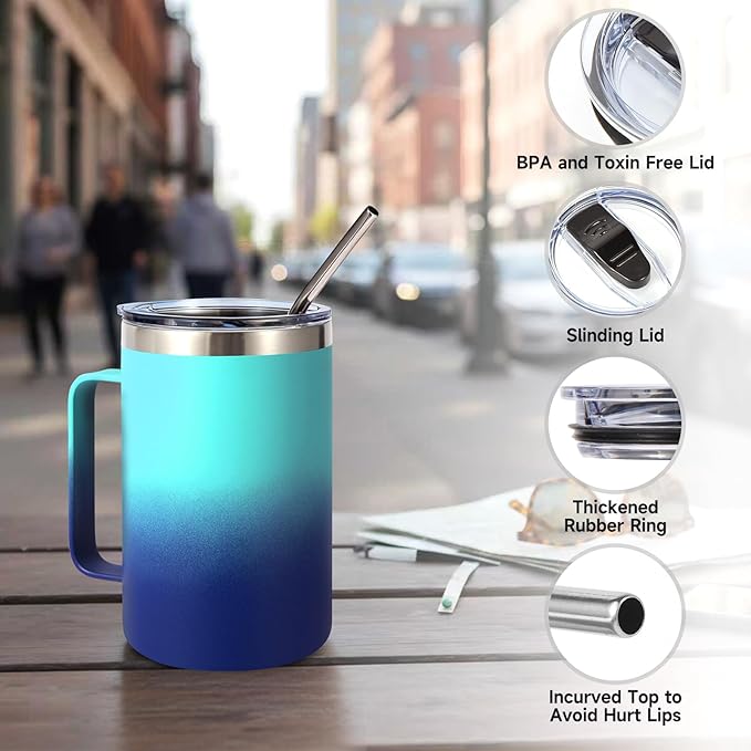 Volhoply 16oz Insulated Coffee Mug with Lid and Straw, Stainless Steel Travel Mugs with Handle, Double Wall Vacuum Leak Proof Coffee Tumbler Cup (Green Blue,1)