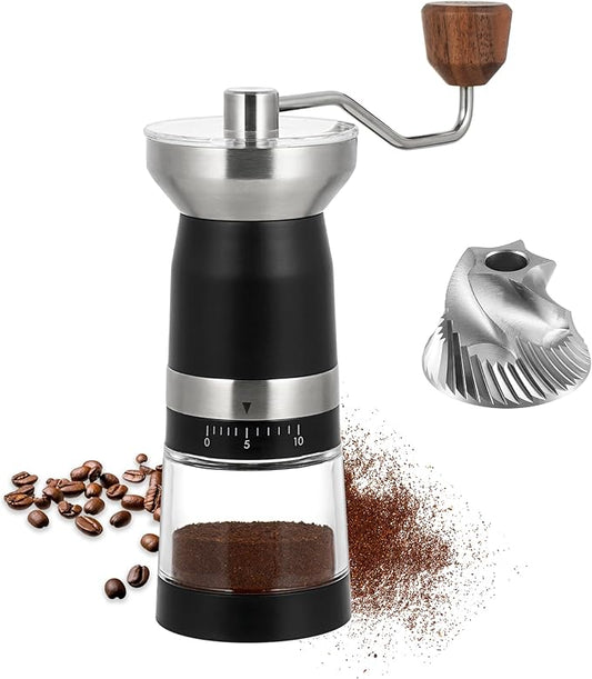 VEVOK CHEF Manual Coffee Grinder 10 External Adjustment Fashion Bean Grinder Stainless Steel Double Bearing Conical Burr Portable Hand Coffee Mill for Home,Camping,Silver