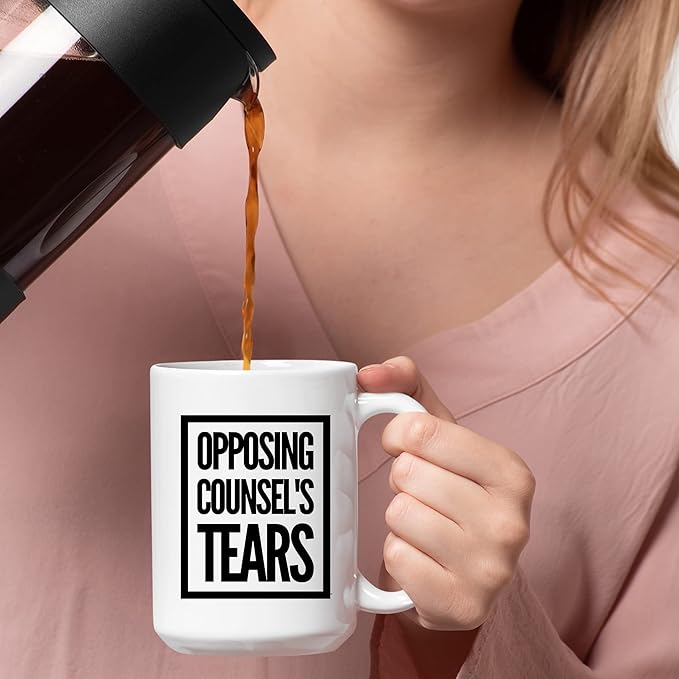 Panvola Opposing Counsel's Tears Lawyer Law Student Teacher Funny Gift to Attorney Ceramic Coffee Mug (15 oz, White)