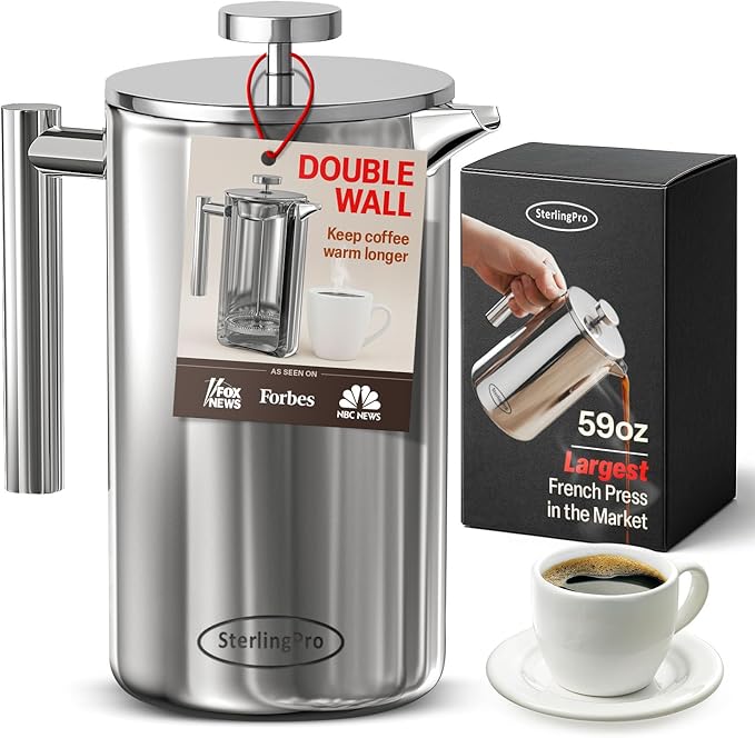 Extra Large Insulated Metal French Press Coffee Maker 59 oz (1.75L), Large Capacity Stainless Steel Big French Press XL, Durable Insulated Mirror Coffee Maker with Double Walled Insulation, Mirror