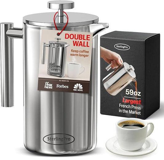 Extra Large Insulated Metal French Press Coffee Maker 59 oz (1.75L), Large Capacity Stainless Steel Big French Press XL, Durable Insulated Mirror Coffee Maker with Double Walled Insulation, Mirror