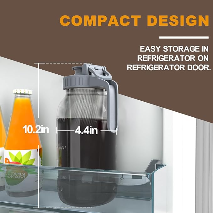 JunVpic Cold Brew Coffee Maker Jar - 64oz Thick Glass Multipurpose Mason Pitcher Spout Lid with Handle & Stainless Steel Filter for Iced Coffee, Lemonade, Ice Tea, Homemade Fruit Drinks Container