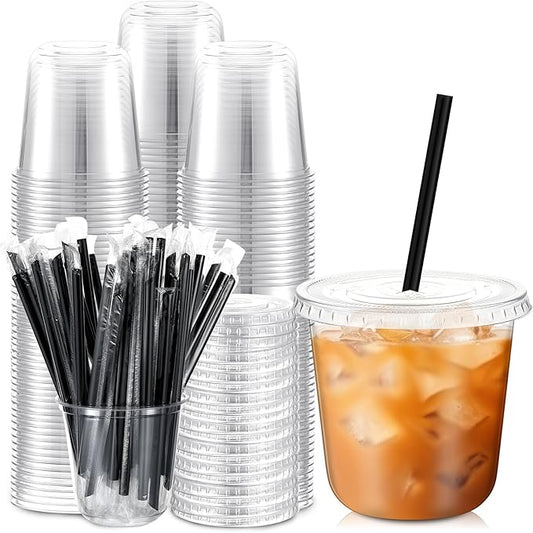 100 Set 10 oz Clear Plastic Cups with Lids and Straws, Disposable Iced Coffee PET Cups for Drinking Cold Beverage Juice Parfait Smoothie Milkshake Coffee Shops Party Supplies