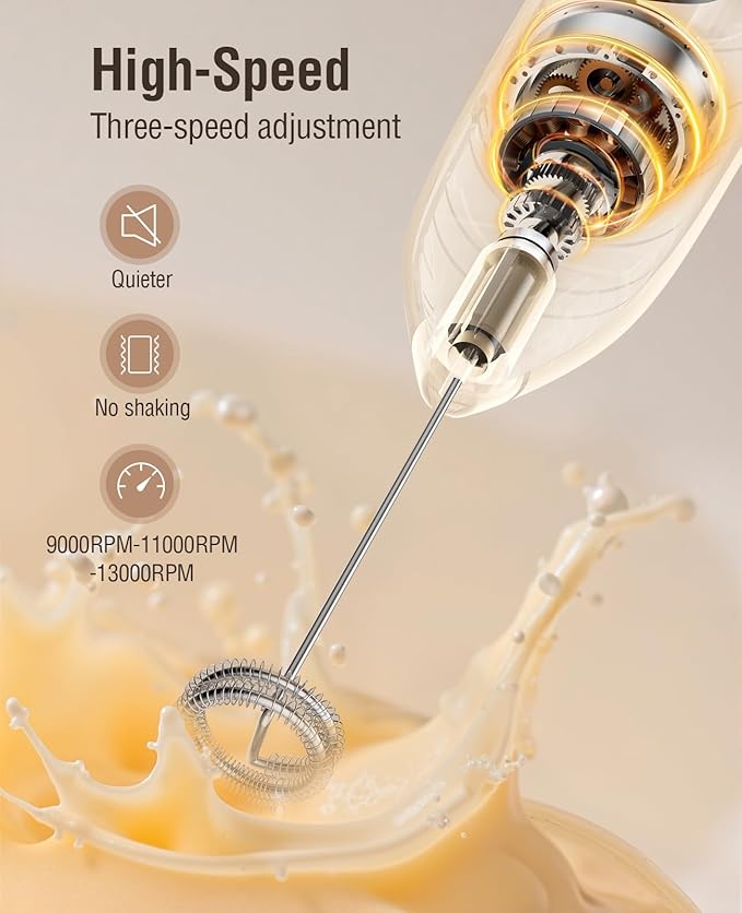 Dynooper Electric Milk Frother Handheld: Rechargeable 3 in 1 - LED Digital Display with 3 Speeds Portable Stainless Steel Drink Foam Mixer for Milk Coffee, Lattes, Cappuccino, Matcha - Matte black
