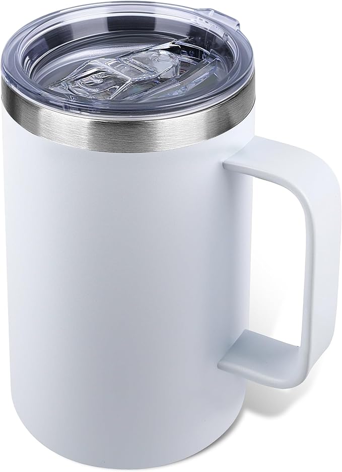 Zynkify 22oz Insulated Coffee Mug with Handle & Leak-Proof Lid - Double Wall Stainless Steel Travel Tumbler for Commute/Office/Home, White, 1 Pack
