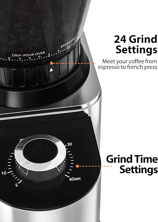 Aromaster Coffee Bean Grinder with 48 Gind Settings, Conical Burr Coffee Grinder for Home Use,Stainless Steel,40 Seconds Adjustable Timer,Anti-static,Easy to Clean with Brush,Grey