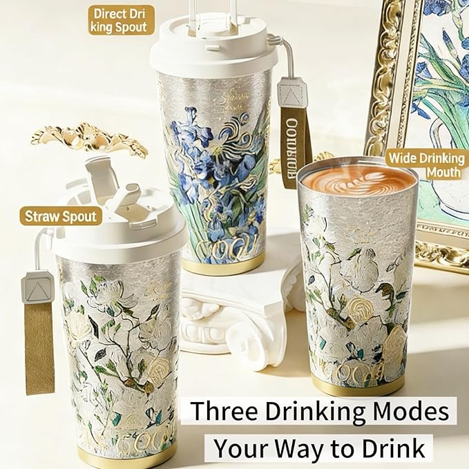 JWANGYUDG-100% Fully Titanium 17.5 oz Mug, 12-hour Thermal Insulation Coffee Mug, Artistic Travel Coffee Mug, Reusable Coffee Cup (White Roses)