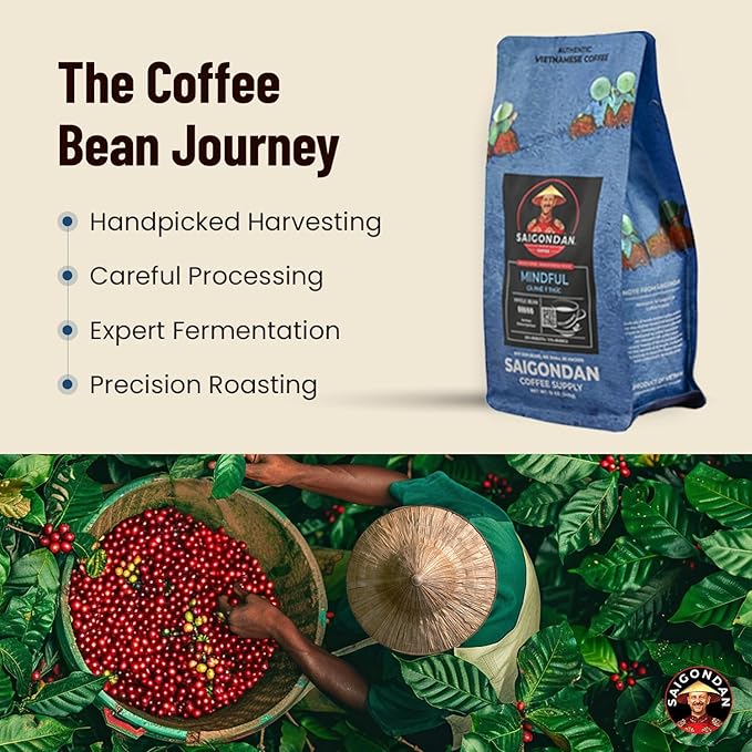 Vietnamese Coffee Beans – Saigondan Mindful Dark Roast Whole Bean – 85% Robusta 15% Arabica – Premium Single Origin, Direct Trade Vietnamese Coffee – 12 oz