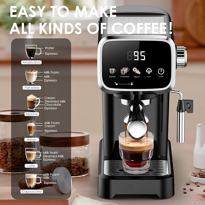 Slim 20 Bar Espresso Machine Coffee Maker with Milk Frother, Touch Control, Safety Lock,43oz Removable Tank for Home and Office Use(Touch Screen)