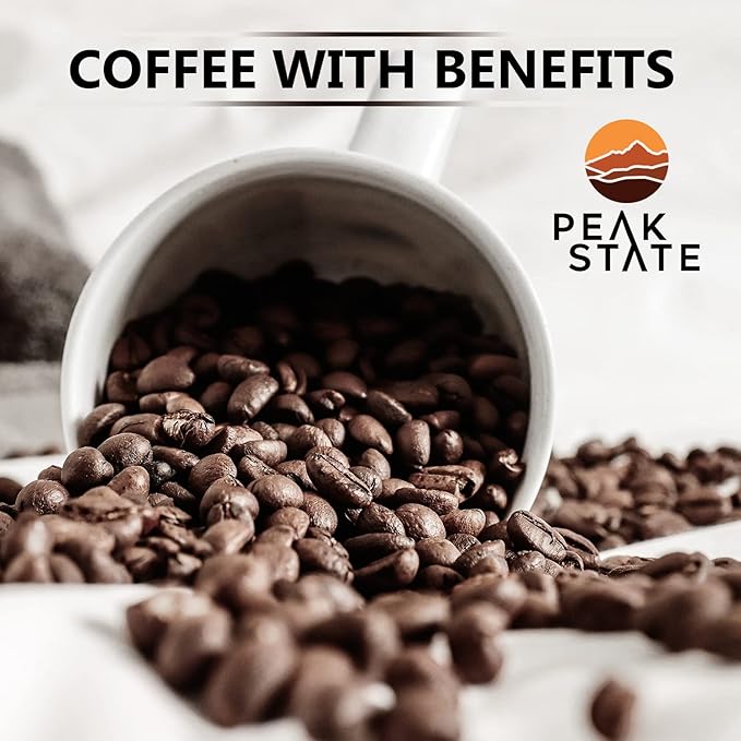 Peak State Coffee with Benefits - Mushroom Coffee Organic Beans - STRESS LESS Dark Roast Adaptogen with Reishi & Chaga - Mold Free, Mycotoxin Free,Vegan, Paleo, Dairy Free, Gluten-Free, Non-GMO (12 oz Bag, Whole Bean - $1.13/cup)