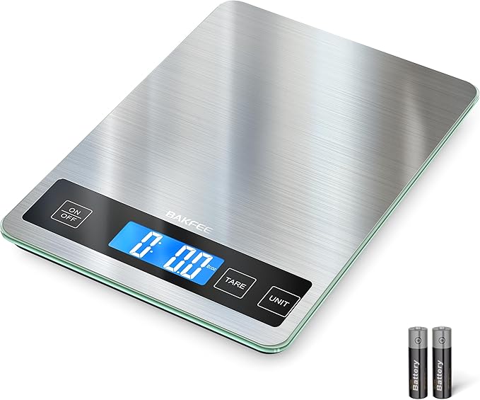 BakFee Food Scale, 15kg/33lb Digital Kitchen Scale with Stainless Steel & Tempered Glass, 1g / 0.05oz Precise Graduation, Waterproof and Sturdy Surface, for Cooking, Baking, Weight Loss, Meal Prep