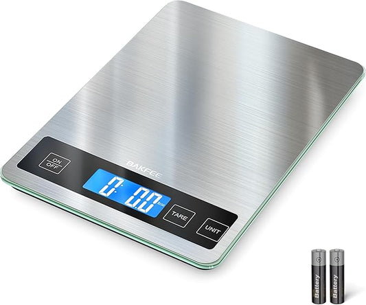 BakFee Food Scale, 15kg/33lb Digital Kitchen Scale with Stainless Steel & Tempered Glass, 1g / 0.05oz Precise Graduation, Waterproof and Sturdy Surface, for Cooking, Baking, Weight Loss, Meal Prep