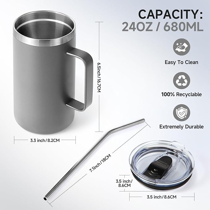 Volhoply 24oz Insulated Coffee Mug with Lid and Straw, Stainless Steel Travel Mugs with Handle, Double Wall Vacuum Leak Proof Coffee Tumbler Cup (Gray,1)