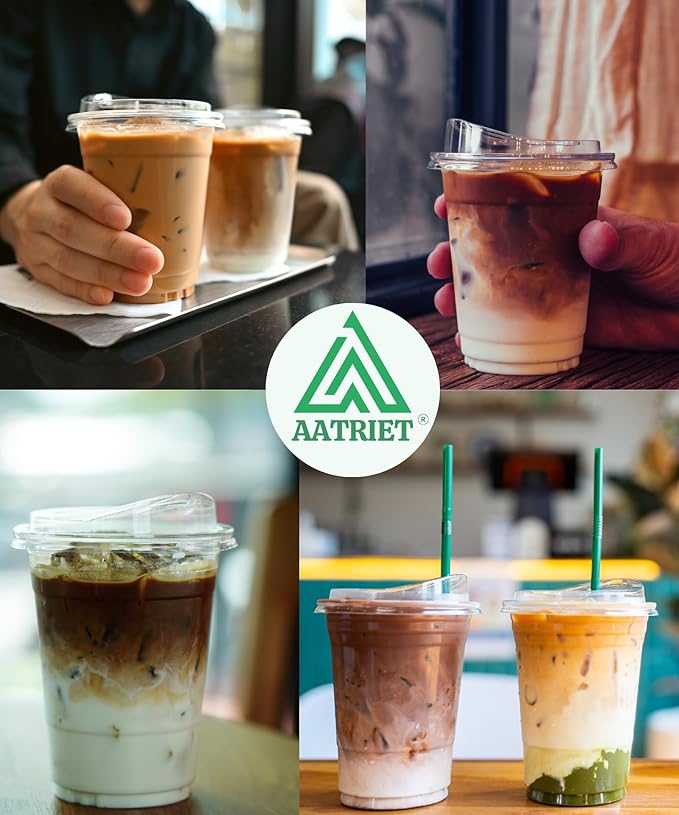 100 Pack 12 oz Clear Plastic Cups with Strawless-Sip-Lids, Disposable Cups Plastic Iced Coffee Cups, To Go Cups with Sip Through Lids for Smoothie, Milkshake, Cold Drinks for Party, Wedding, Event