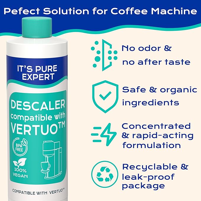 Descaling Solution Compatible With Nespresso Vertuo Coffee Machine, Eco-Friendly Formula to Clean & Descale Your Coffee Machine, 2 uses per bottle. 4 uses total, Carbon Neutral Vertuo Descaling Kit