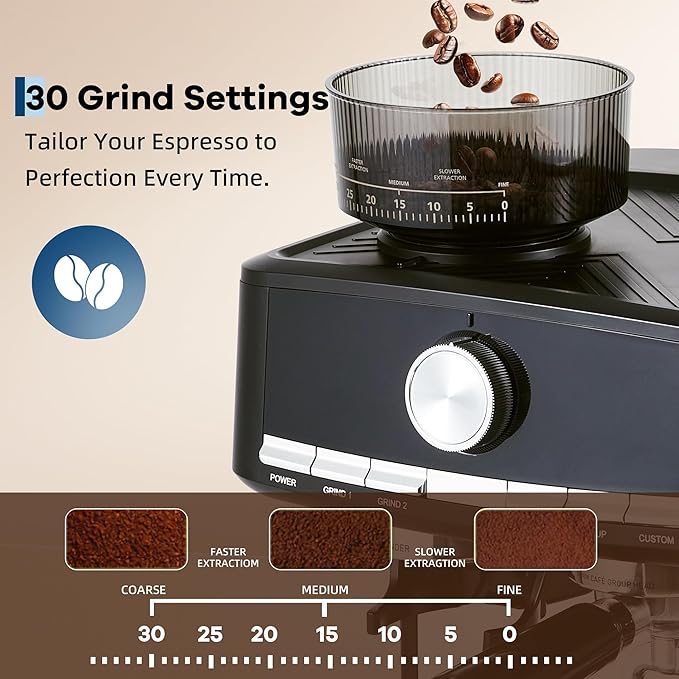 Professional Espresso Machine with Built-in Grinder, 20 Bar Pressure Stainless Steel Coffee Maker with Milk Frother, 1.5l Removable Water Tank for Latte & Cappuccino, Ideal for Home & Office Use