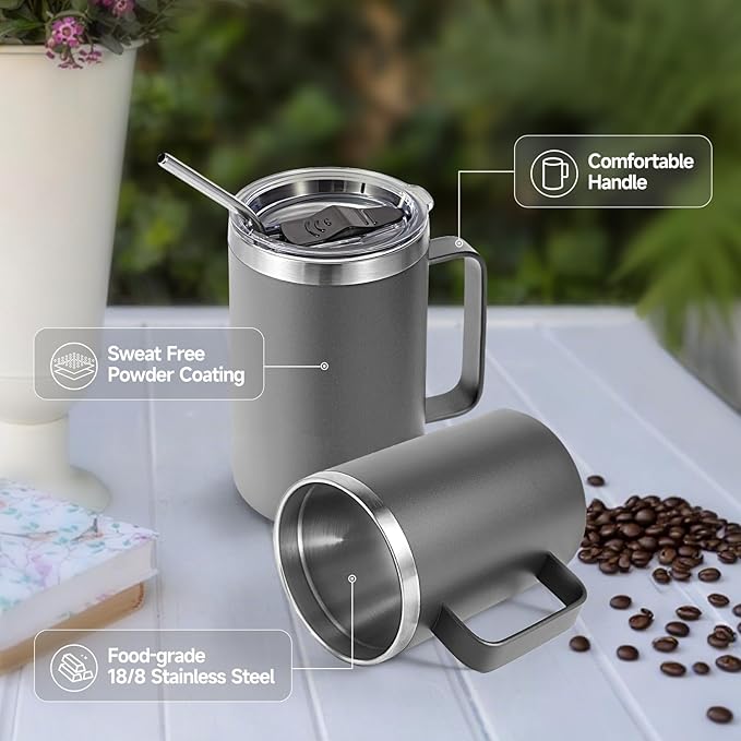Volhoply 16oz Insulated Coffee Mug with Lid and Straw, Stainless Steel Travel Mugs with Handle, Double Wall Vacuum Leak Proof Coffee Tumbler Cup (Gray,1)