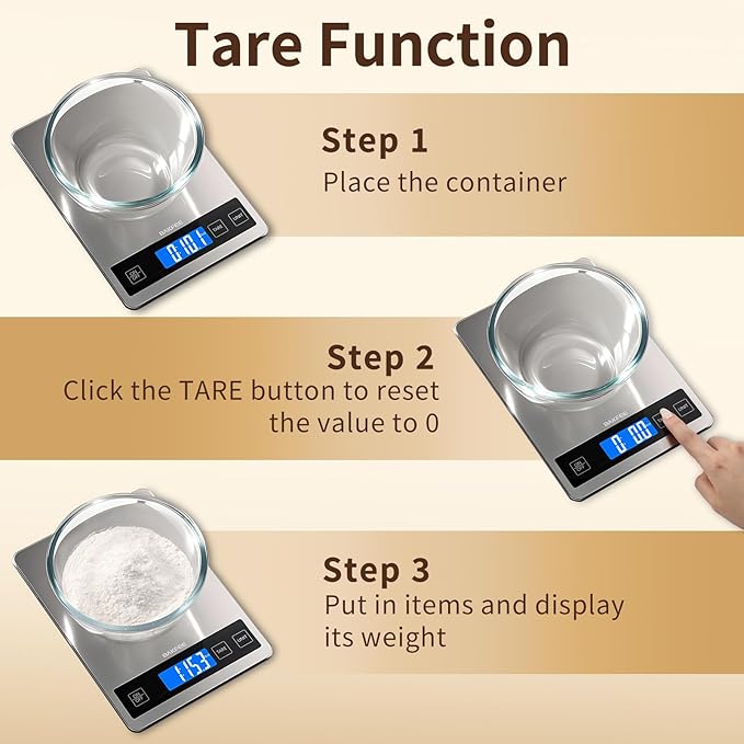 BakFee Food Scale, 15kg/33lb Digital Kitchen Scale with Stainless Steel & Tempered Glass, 1g / 0.05oz Precise Graduation, Waterproof and Sturdy Surface, for Cooking, Baking, Weight Loss, Meal Prep
