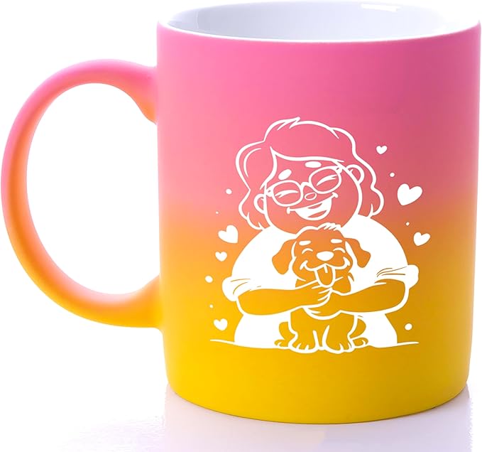 G MUGS Dog Lover Ceramic Coffee Mug, Cute Glasses Girl & Dog Hug Design Mug, Tea Mug, Adorable Pet Lover Gift for Women Teens,13oz Yellow And Pink Mug