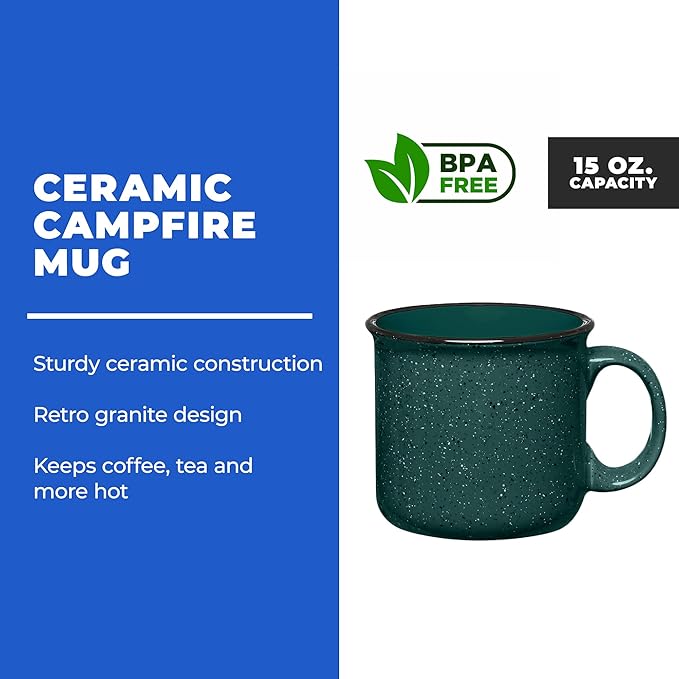 Gifts by Design Set of 8 Ceramic Campfire Mugs – 15 Oz, Green – Coffee & Tea Cups for Home, Work, Travel, Camping – Customizable, Great for DIY, Events, Companies