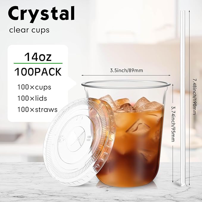 100 Set 14 oz Clear Plastic Cups with Lids and Straws, Disposable Iced Coffee PET Cups for Drinking Cold Beverage Juice Parfait Smoothie Milkshake Coffee Shops Party Supplies