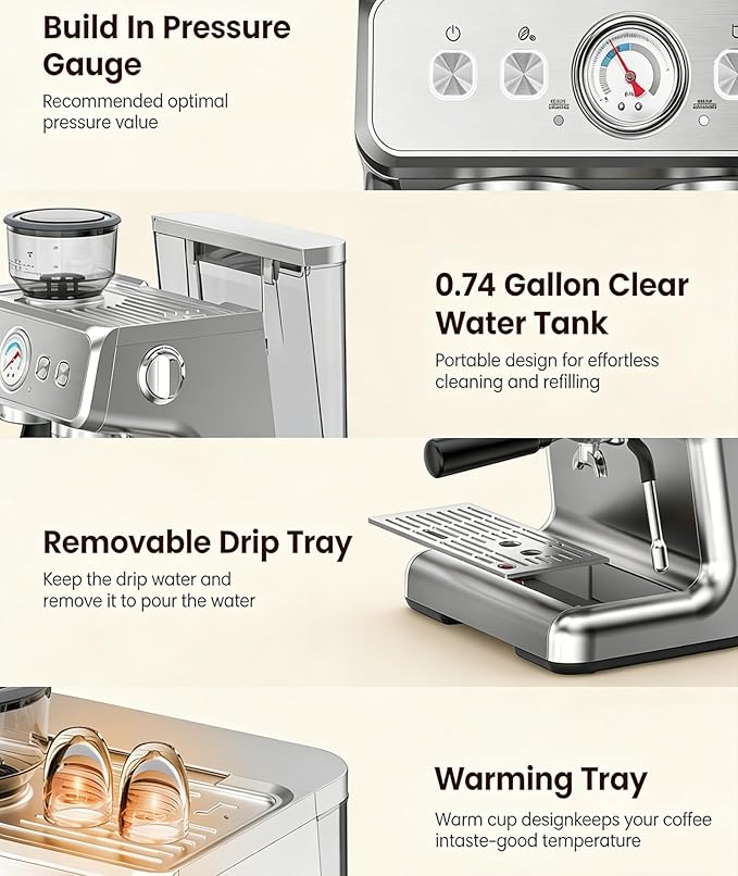 Dual Boiler Espresso Machine with Grinder, 20 Bar Espresso Machines-Use Milk Frother and Brew Coffee Machine Simultaneously, Removable Water Tank, Coffee Maker Cappuccino Latte, 95oz Water Tank