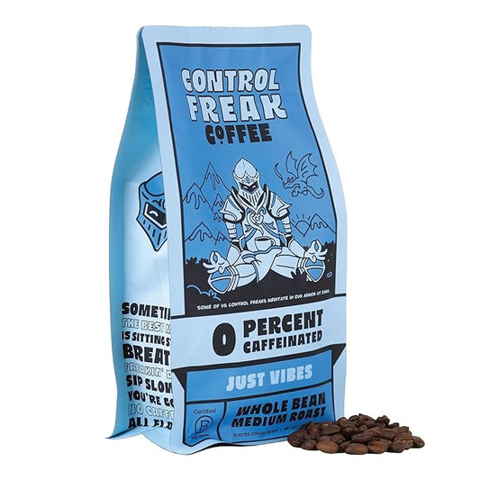 Control Freak Decaf Coffee Just Vibes, 0% Caffeine Whole Bean Coffee (12 Oz) – Fresh Sugarcane Processed Coffee Beans, Chemical-Free Decaffeination, Calm Energy, Full Flavor, No Buzz
