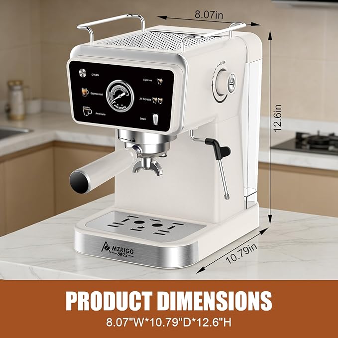 Espresso Machine – 20 Bar Pressure, Also Supports Americano, Latte, Cappuccino & Iced Coffee, 1.5L Water Tank, Milk Frothing & Hot Water, White Retro Design for Home & Office