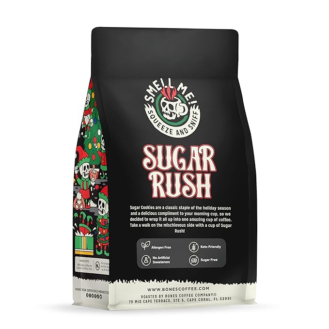 Bones Coffee Company Sugar Rush, Sugar Cookies Flavored Coffee, Medium Roast Low Acid Arabica Beans Compatible with Auto drip and French Press Coffee Maker, 12 Oz Ground