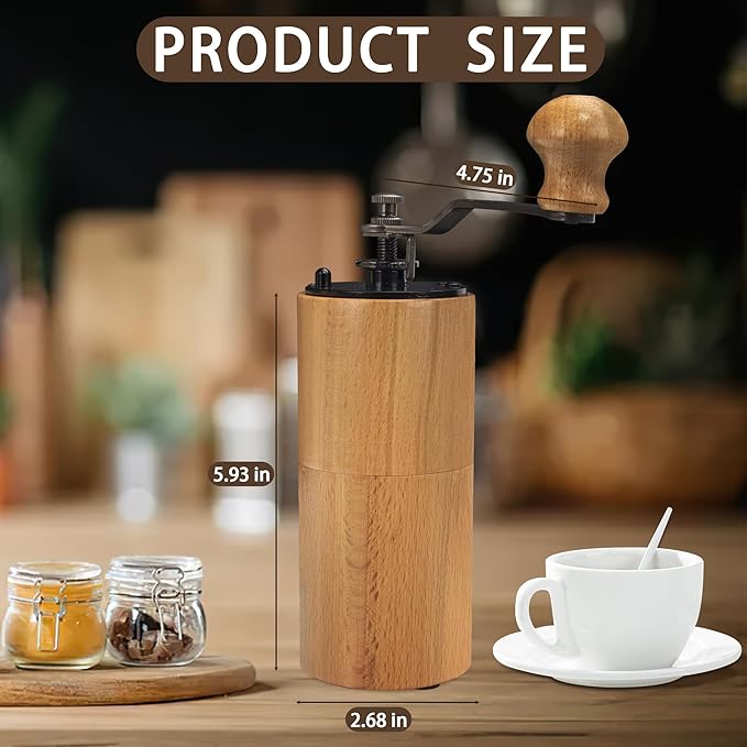 Manual Coffee Grinder, Wooden Hand Coffee Mill with Adjustable Burr, Natural Beech Wood, 5.93x2.68 Inch