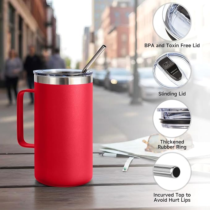 Volhoply 24oz Insulated Coffee Mug with Lid and Straw, Stainless Steel Travel Mugs with Handle, Double Wall Vacuum Leak Proof Coffee Tumbler Cup (Red,1)