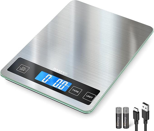 BakFee Food Scale, 33lb Digital Kitchen Scale with Stainless Steel & Tempered Glass, USB Rechargeable, 1g / 0.05oz Precise Graduation, Waterproof and Sturdy Surface, for Cooking, Baking, Weight Loss